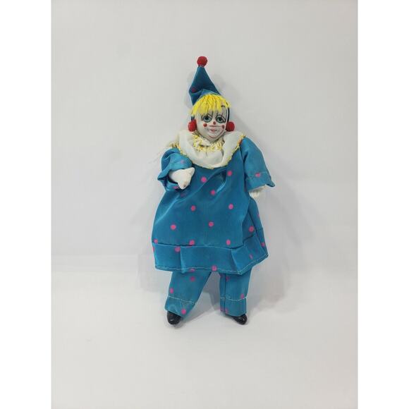 Clown Doll Poka dot outfit Porcelain Face Rope Arm Legs Vintage - Picture 1 of 8